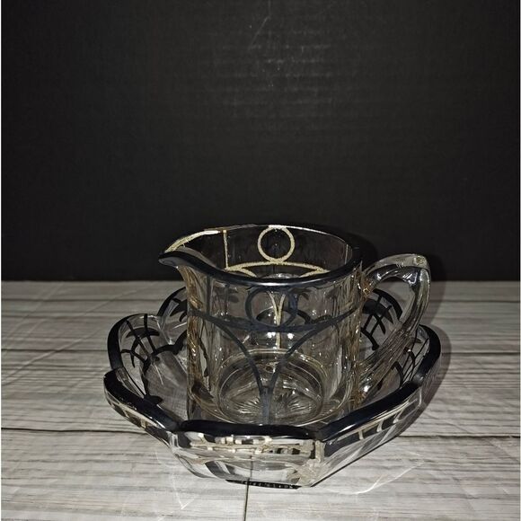 Vintage Clear Glass Silver Overlay Art Nouveau Design Creamer & Sugar Bowl Set - Picture 8 of 8